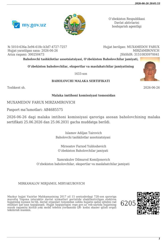 Сертификат оценщика — Хаитов Отабек Атоевич